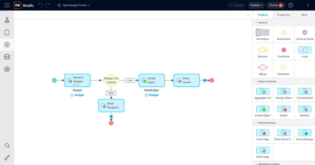 exemplo de fluxo de desenvolvimento low-code na plataforma Mendix